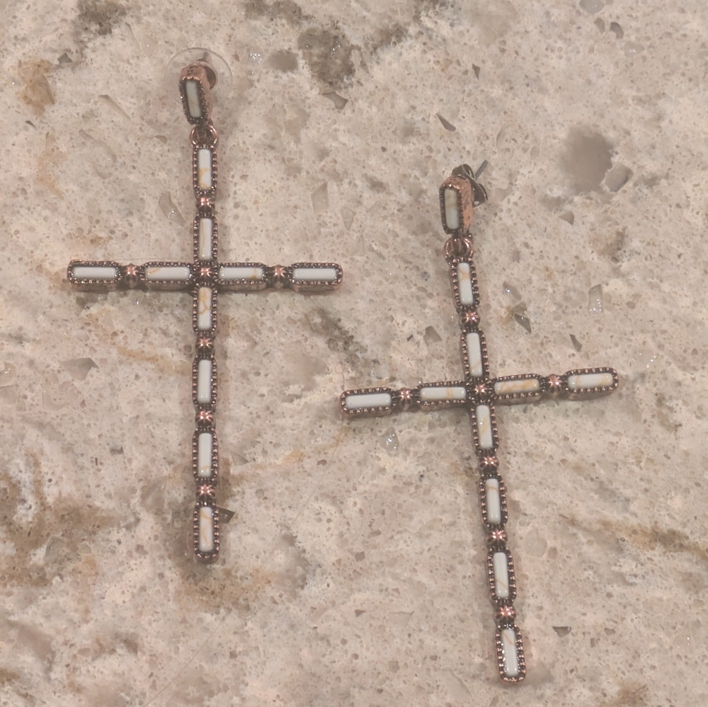 Large Cross Copper And Stone Post Earrings